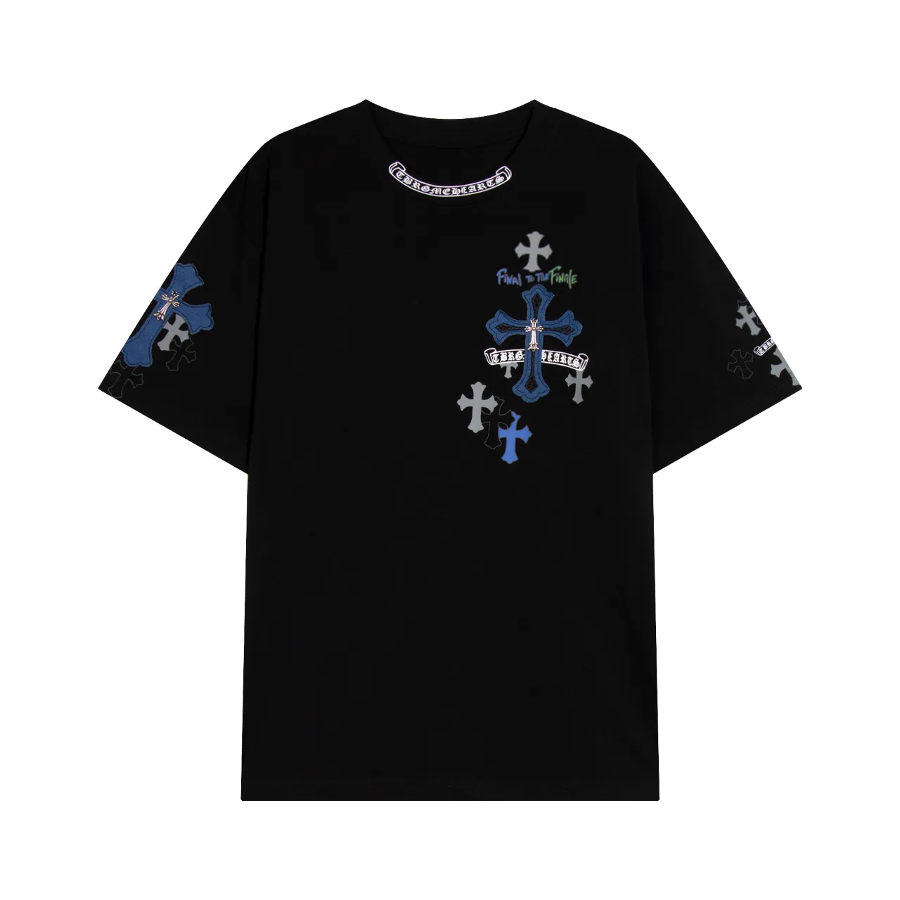 P170 Chrome Hearts Chrome Hearts Cross Metallic Denim Splicing Short Sleeves Size: SMLXL Color: White Black